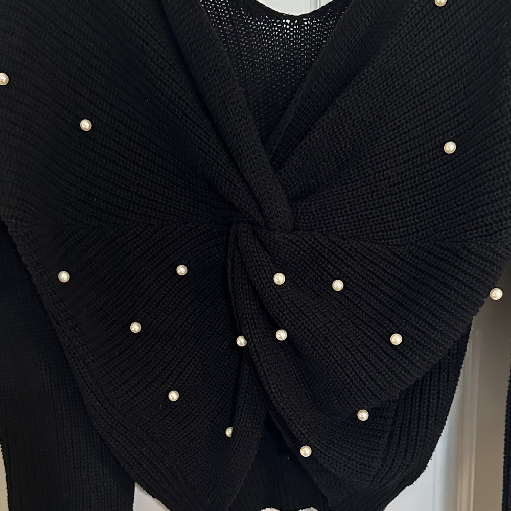 Jessica Simpson Black V-Neck Sweater with Pearl Accents - Picture 2 of 7